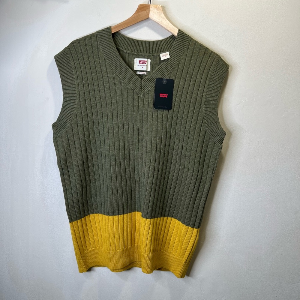 Levi's V-Neck Green and Yellow Oversized Wool-Cotton Blend Sweater Size M - Picture 5 of 9